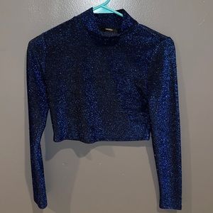 forever 21 blue sparkly long sleeve crop top. size small